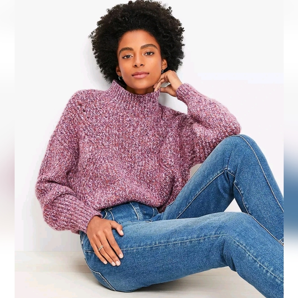 LOFT Pointelle Mixed Ribbed Mock Neck Sweater Marbled Purple Women's Size Medium